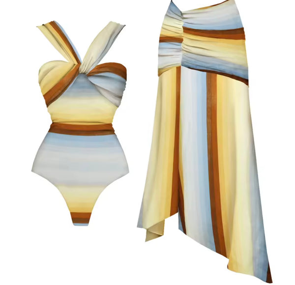 Women Halter Multicolored Striped Swimsuit Cover Up Set