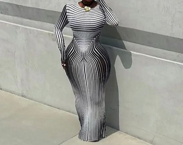 Women Sexy Fashion B&W Striped Full Sleeve Maxi Dress