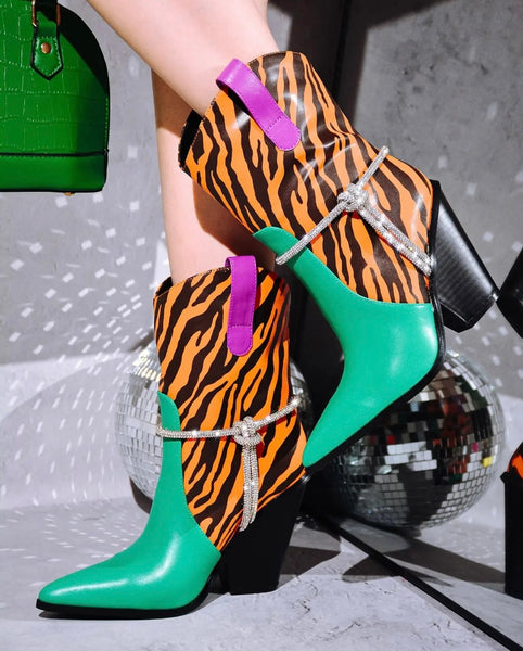 Women Color Bling Patchwork Fashion Ankle Western Boots