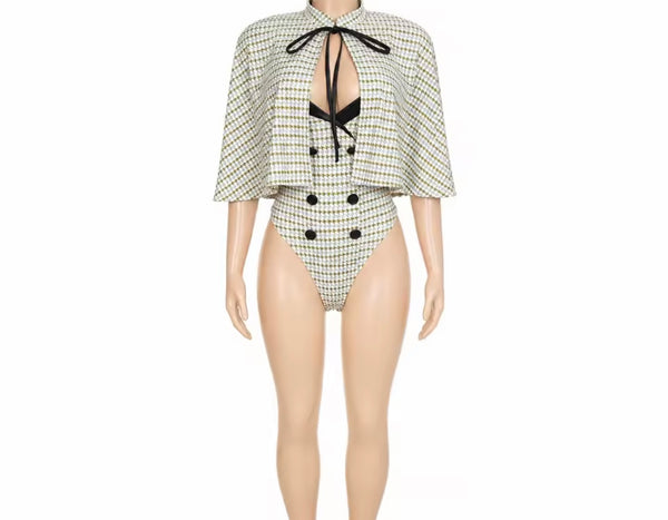 Women PU Patchwork Printed Bodysuit Shawl Set