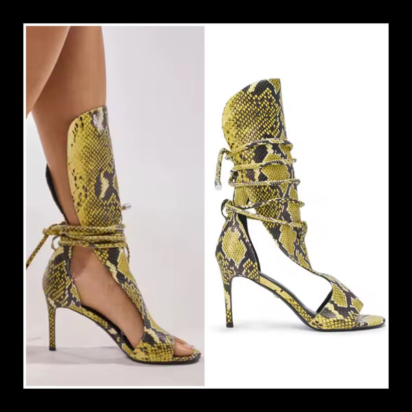 Women Fashion Snake Print Lace Up High Heel Sandals