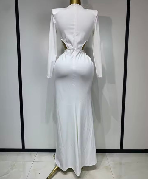 Women White Cut Out Ruched Full Sleeve Bling Pin Maxi Dress