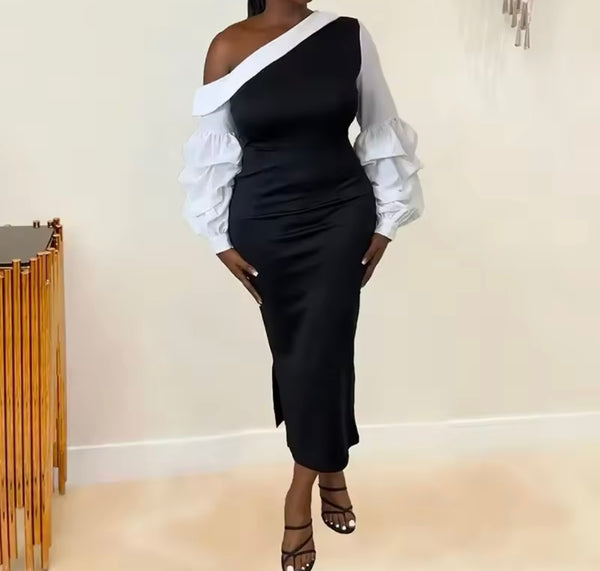 Women B&W Full Sleeve Sexy Maxi Dress