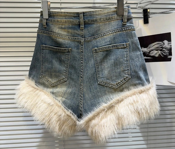 Women Denim Faux Fur Patchwork Fashion Shorts