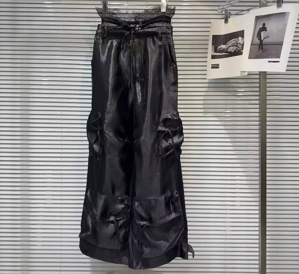 Women Fashion Black Lace Satin Cargo Pants
