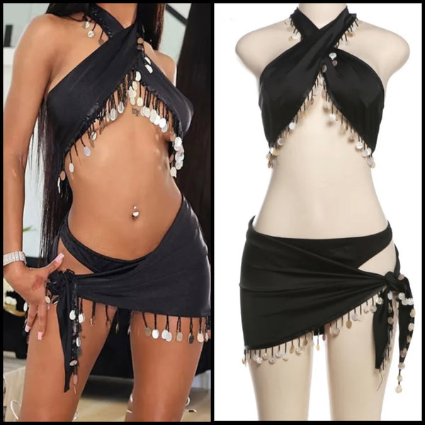 Women Sexy Black Tassel Halter Sleeveless Two Piece Skirt Set