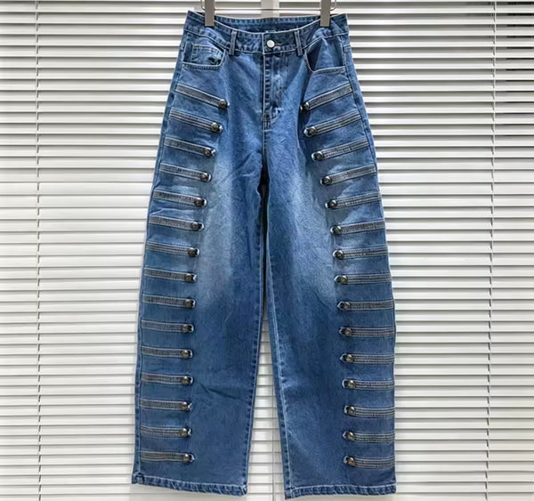 Women Fashion Metal Button Patchwork Denim Pants