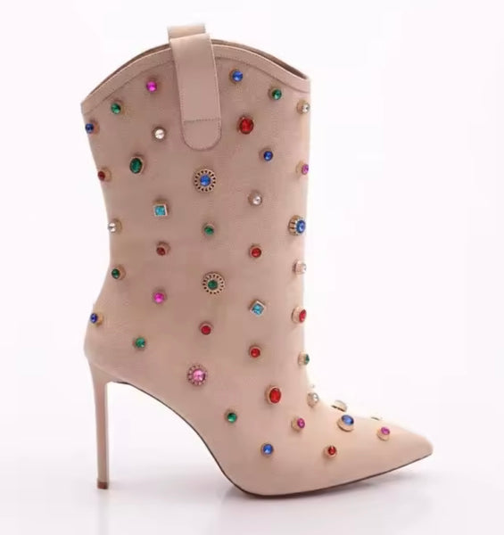 Women Suede Color Crystal Fashion High Heel Ankle Boots