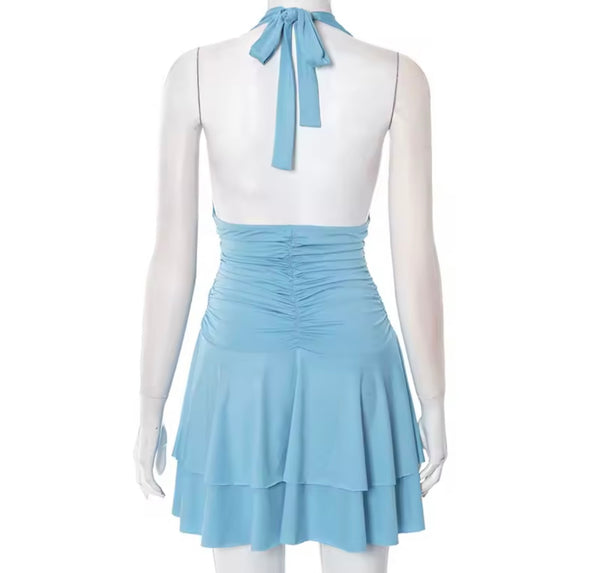 Women Sexy Halter Sleeveless Ruched Ruffled Dress