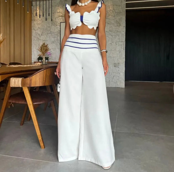 Women Sexy Ruffled Sleeveless Two Piece Wide Leg Pant Set