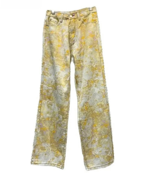 Women Fashion Metallic Print Denim Pants