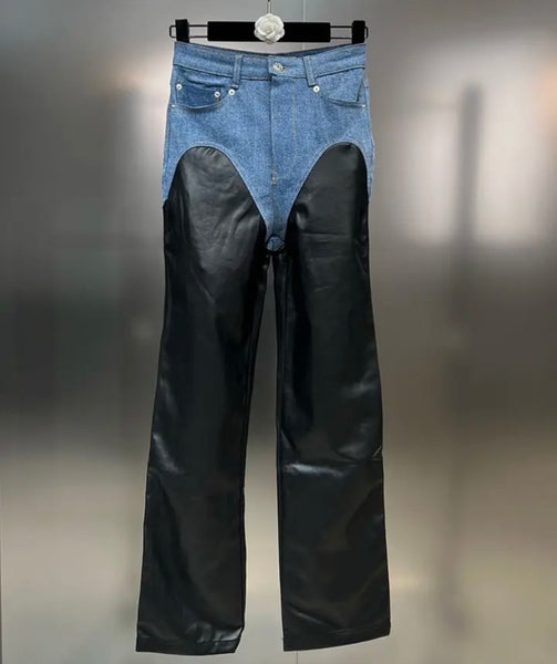 Women Fashion Faux Leather Denim Patchwork Pants