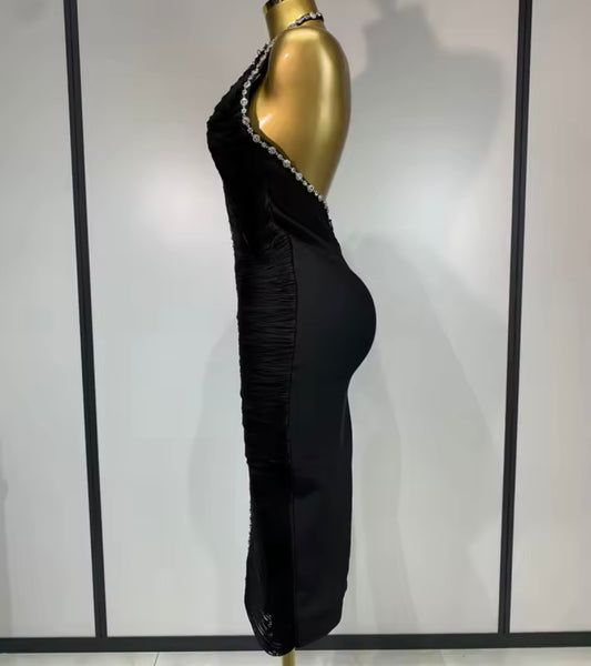 Women Sexy Black Rhinestone Fringe Halter Open Back Dress