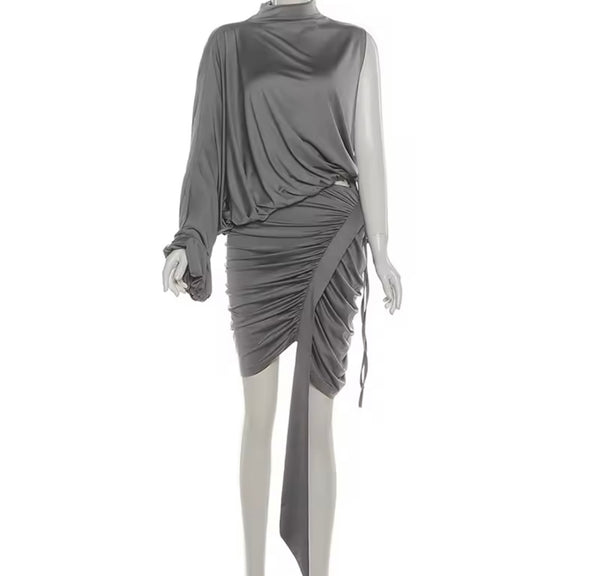 Women Sexy One Shoulder Full Sleeve Ruched Gray Two Piece Skirt Set