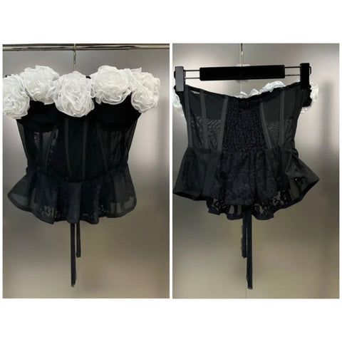 Women Sexy Strapless B&W Rose Mesh Corset Top