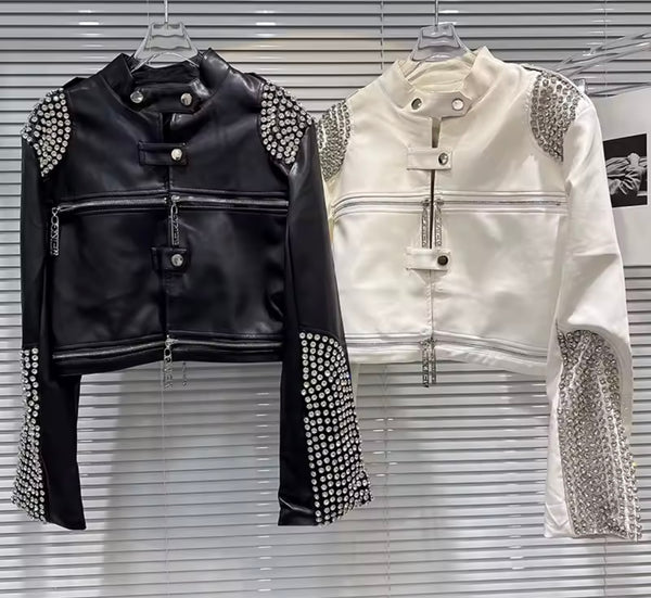 Women Fashion Rhinestone Zip Up Buckled Faux Leather Jacket
