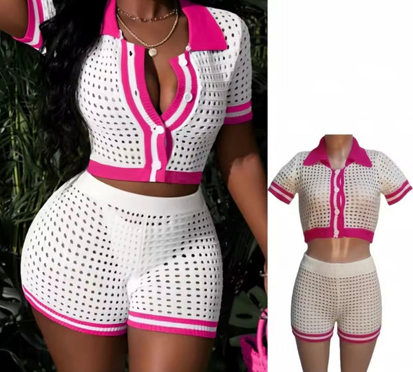 Women Fashion Button Up Color Patchwork Two Piece Short Set