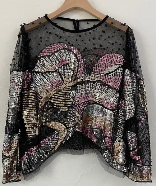 Women Fashion Colorful Sequins Print Full Sleeve Top