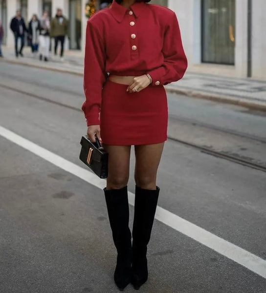 Women Red Sexy Button Full Sleeve Two Piece Skirt Set