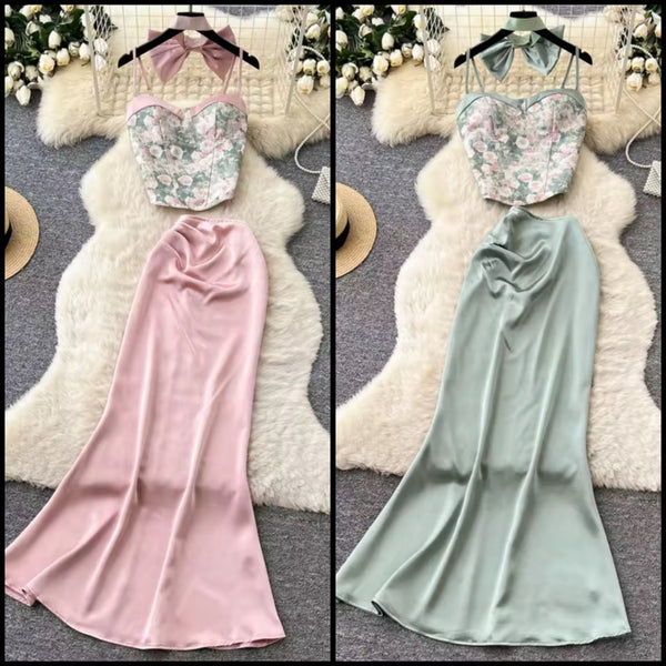 Women Bow Floral Sleeveless Two Piece Maxi Skirt Set