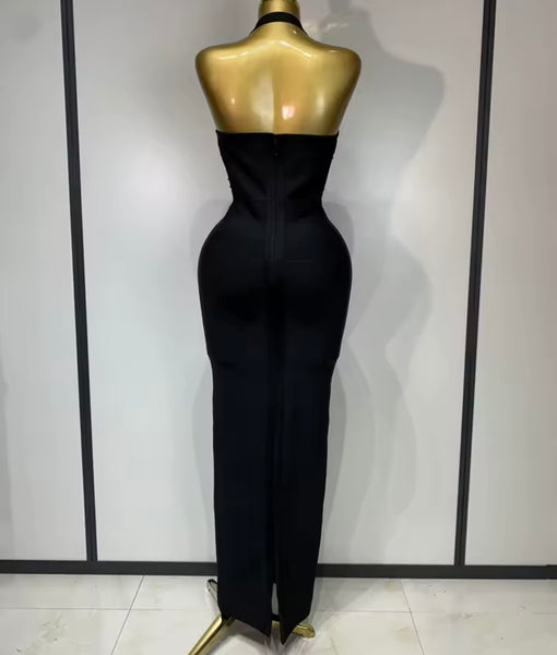Women Sexy Black Rhinestone Halter Sleeveless Maxi Dress