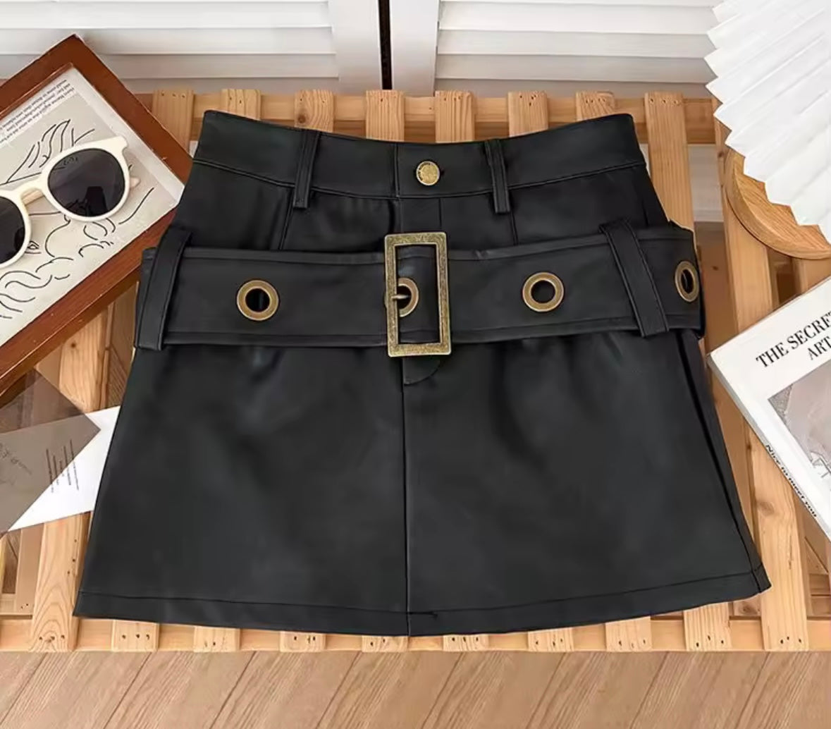 Women Fashion Faux Leather Gold Buckled Belted Skirt