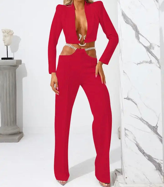 Women Sexy Metal Chain Crop Blazer Two Piece Pant Set