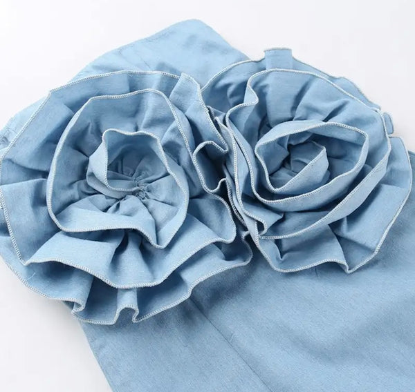 Women Sexy Strapless Ruffled Lace Up Back Denim Dress