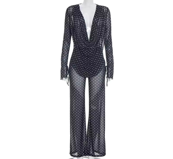 Women Sexy B&W Polka Dot Full Sleeve Mesh Two Piece Pant Set