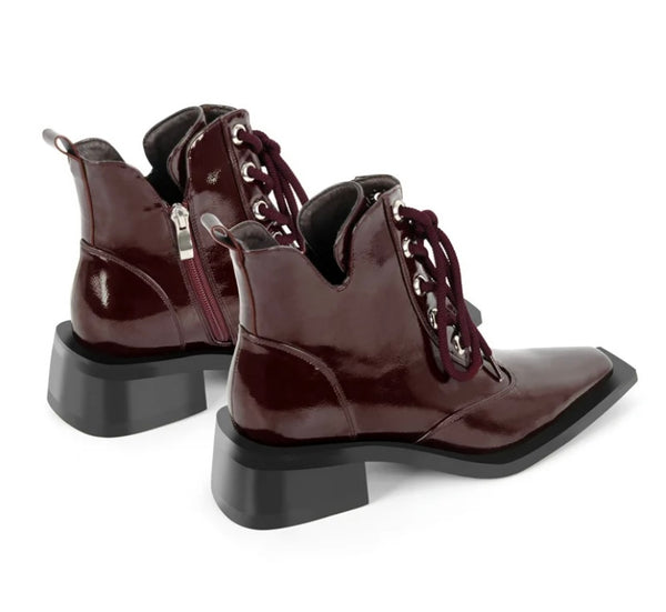Women Pointed Toe Patent Leather Lace Up Flat Ankle Boots