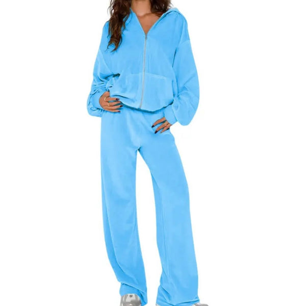 Women Color Fashion Hooded Velour Tracksuit Two Piece Pant Set