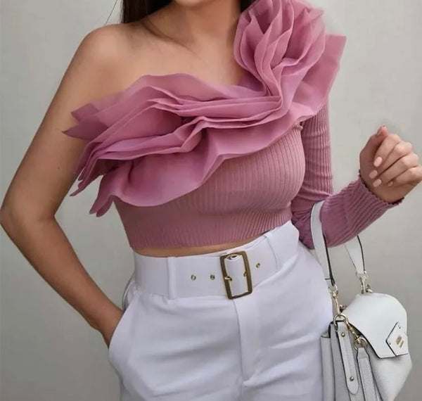 Women Sexy Ruffled One Shoulder Ribbed Crop Top