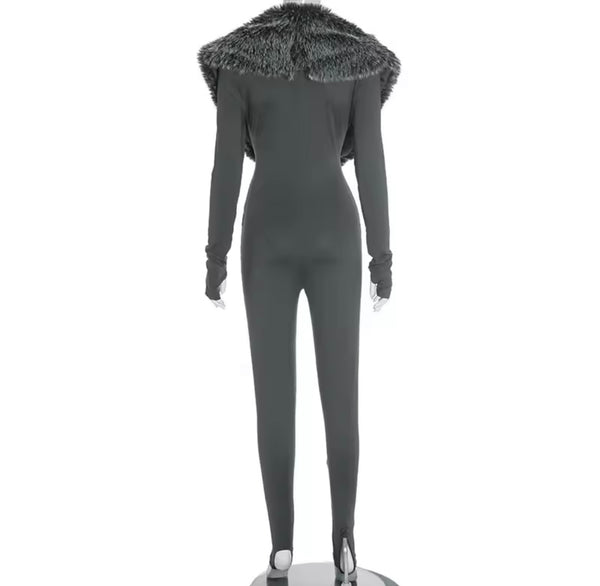 Women Fashion Faux Fur Full Sleeve Jumpsuit