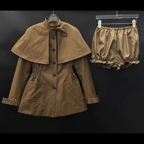 Women Brown Fashion Button Up Cape Trench Jacket Set