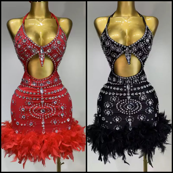 Women Sexy Halter Sleeveless Cut Out Rhinestone Feather Dress