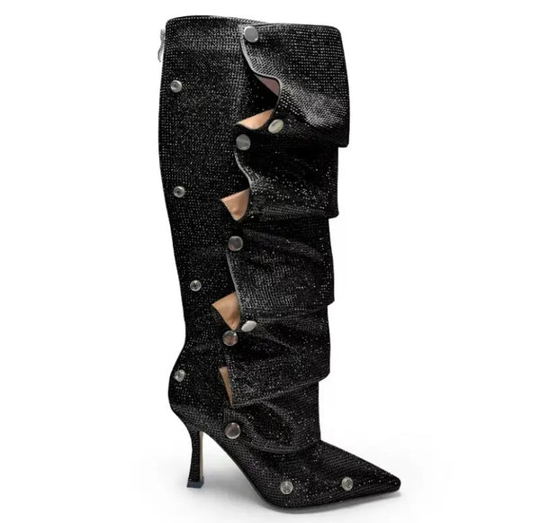 Women Fashion Pointed Toe Bling Button Knee High Boots