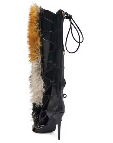Women Fashion Multicolored Faux Fur Knee High Heels