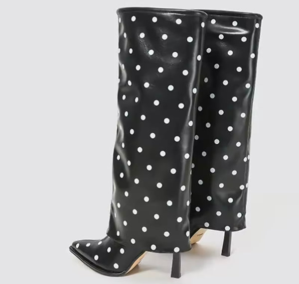 Women Fashion Polka Dot Faux Leather Knee High Boots