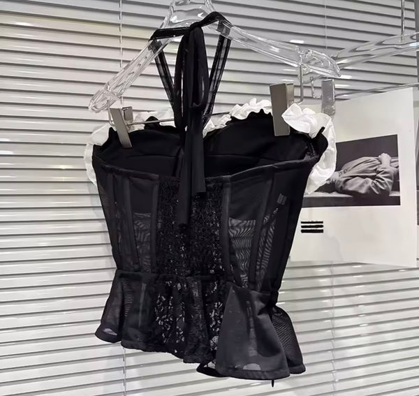 Women Sexy Strapless B&W 3D Floral Mesh Two Piece Skirt Set