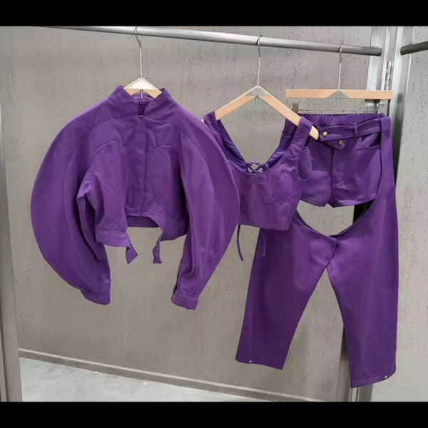 Women Fashion Purple Three Piece Cut Out Capri Pant Set