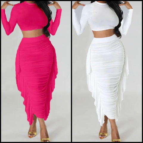 Women Sexy Solid Color Full Sleeve Open Back Crop Two Piece Ruched Maxi Skirt Set