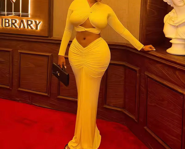 Women Yellow Sexy Cut Out Full Sleeve Ruched Two Piece Maxi Skirt Set