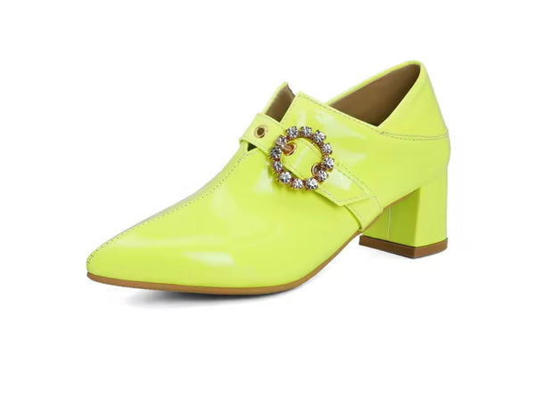 Women Color Fashion Pointed Toe Patent Leather Bling Buckled Shoes