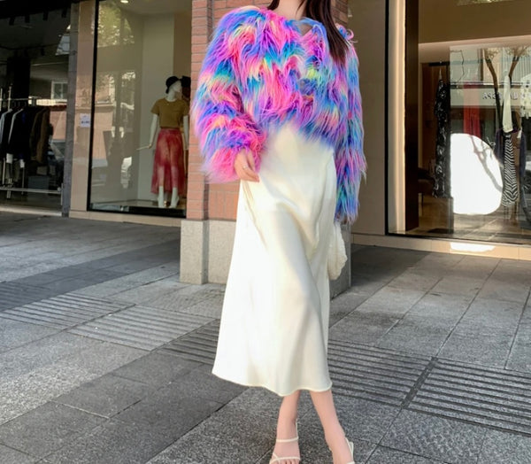 Women Fashion Colorful Faux Fur Crop Jacket