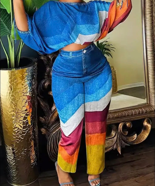 Women Fashion Denim Color Striped Two Piece Pant Set