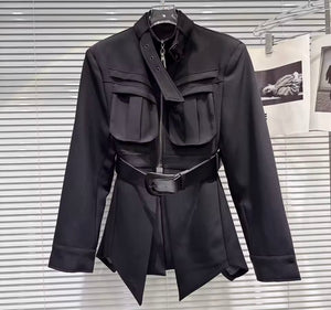 Women Fashion Buckled Pocket Cut Out Back Trench Jacket