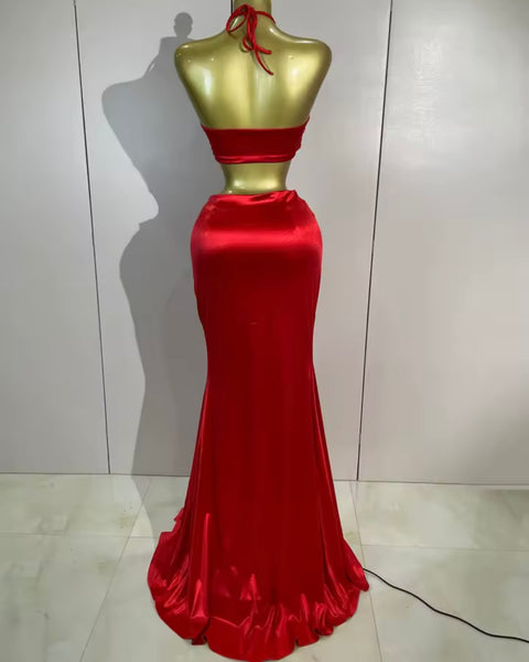 Women Red Halter Sleeveless Bling Heart Two Piece Maxi Skirt Set
