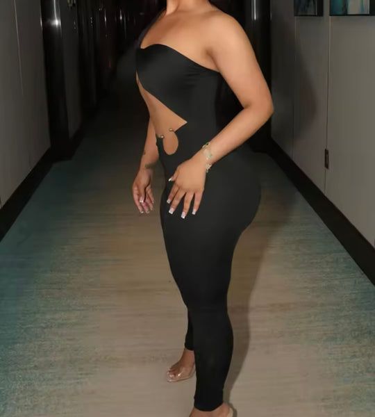 Women Sexy Black Strapless Metal Cut Out Jumpsuit