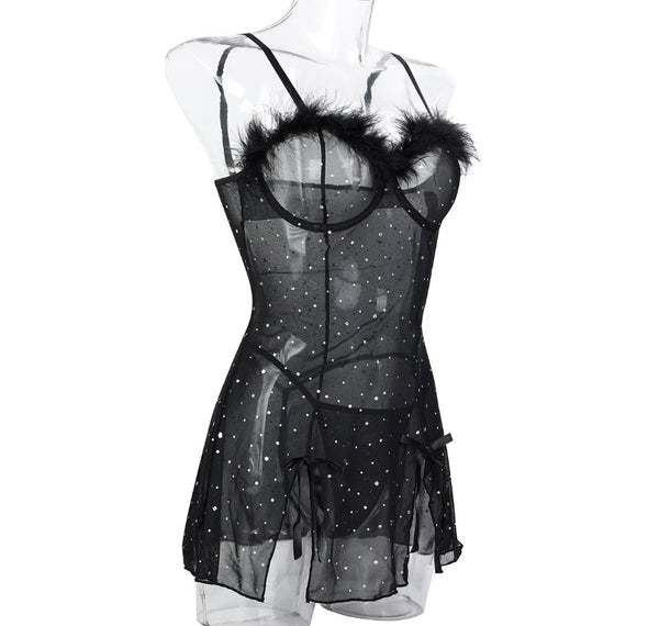 Women Black Bling Mesh Sexy Sleeveless Nightgown Lingerie Set