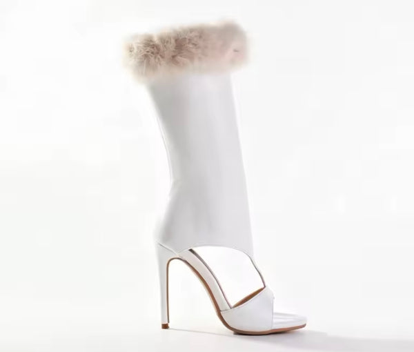 Women White Fashion Open Toe Fur Patchwork Boots